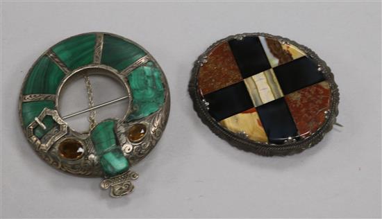 Two Victorian white metal and Scottish hardstone brooches including malachite.